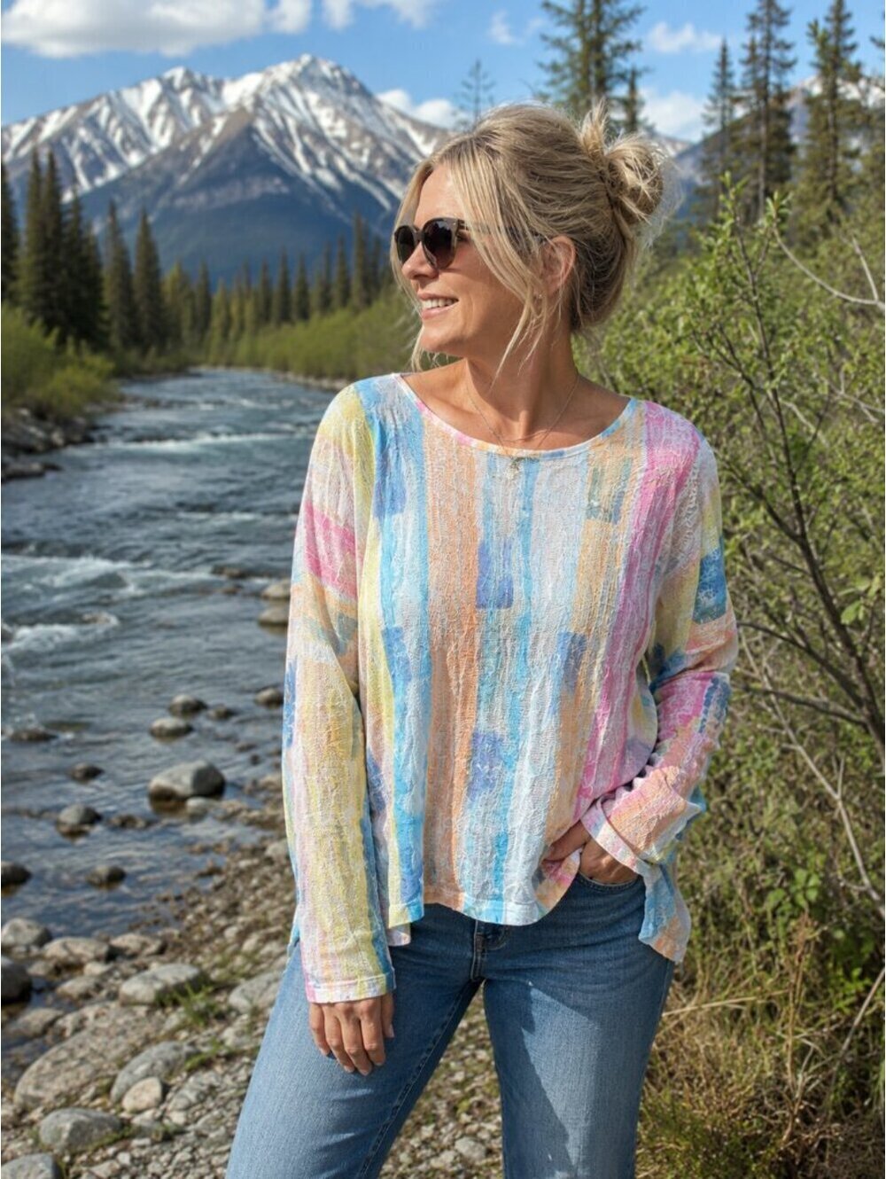 Charlie B Sheer Watercolor Stripe Mesh Top NWT Medium Boho Beachy